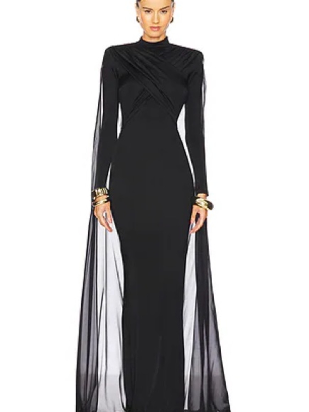 Long-Sleeve Black Maxi Dress with Sheer Draped Sleeves